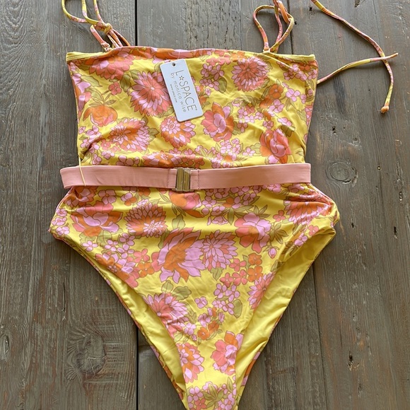 Anthropologie L*Space Lockhart Belted One-Piece Swimsuit Pink Yellow NWT